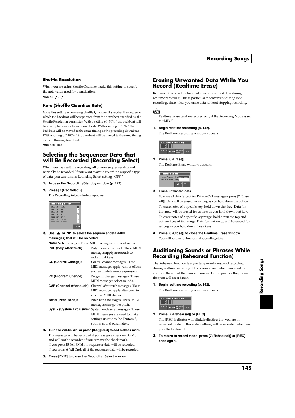 P. 145), Realtime erase (erase p. 145), Rehearsal function (rehearsal p. 145) | 145 recording songs | Roland Fantom-S88 User Manual | Page 145 / 228