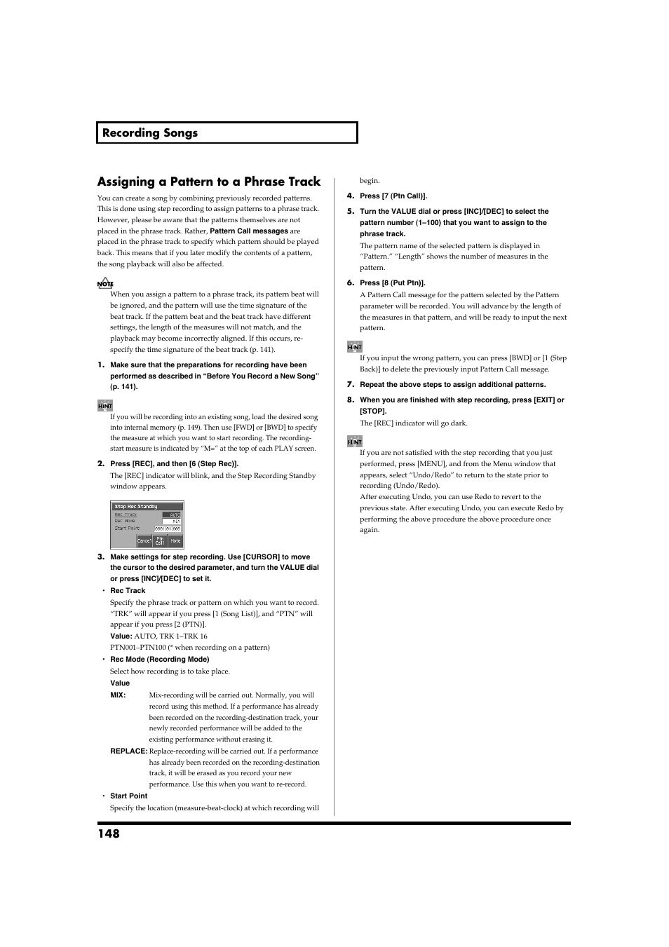 Assigning a pattern to a phrase track, 148 recording songs | Roland Fantom-S88 User Manual | Page 148 / 228