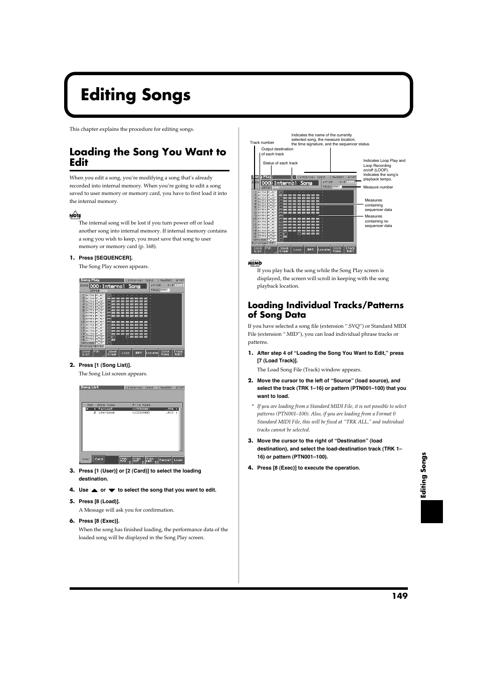 Editing songs, Loading the song you want to edit, Loading individual tracks/patterns of song data | Roland Fantom-S88 User Manual | Page 149 / 228