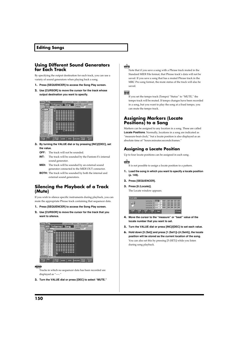 Using different sound generators for each track, Silencing the playback of a track (mute), Assigning markers (locate positions) to a song | 150 editing songs, Assigning a locate position | Roland Fantom-S88 User Manual | Page 150 / 228