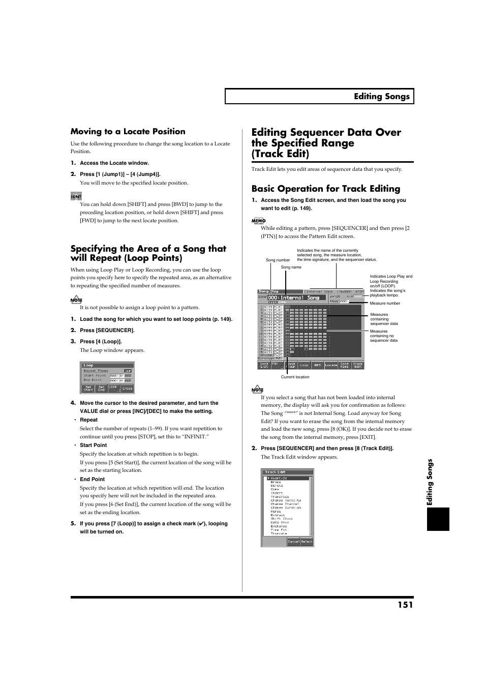 Basic operation for track editing, Points)” (p. 151), 2 (ptn)] p. 151) and then press [rec | 151 editing songs, Moving to a locate position | Roland Fantom-S88 User Manual | Page 151 / 228