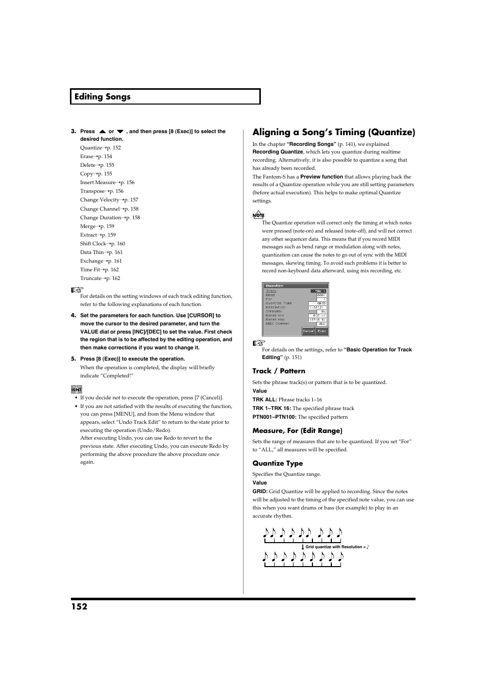 Aligning a song’s timing (quantize), 152 editing songs | Roland Fantom-S88 User Manual | Page 152 / 228