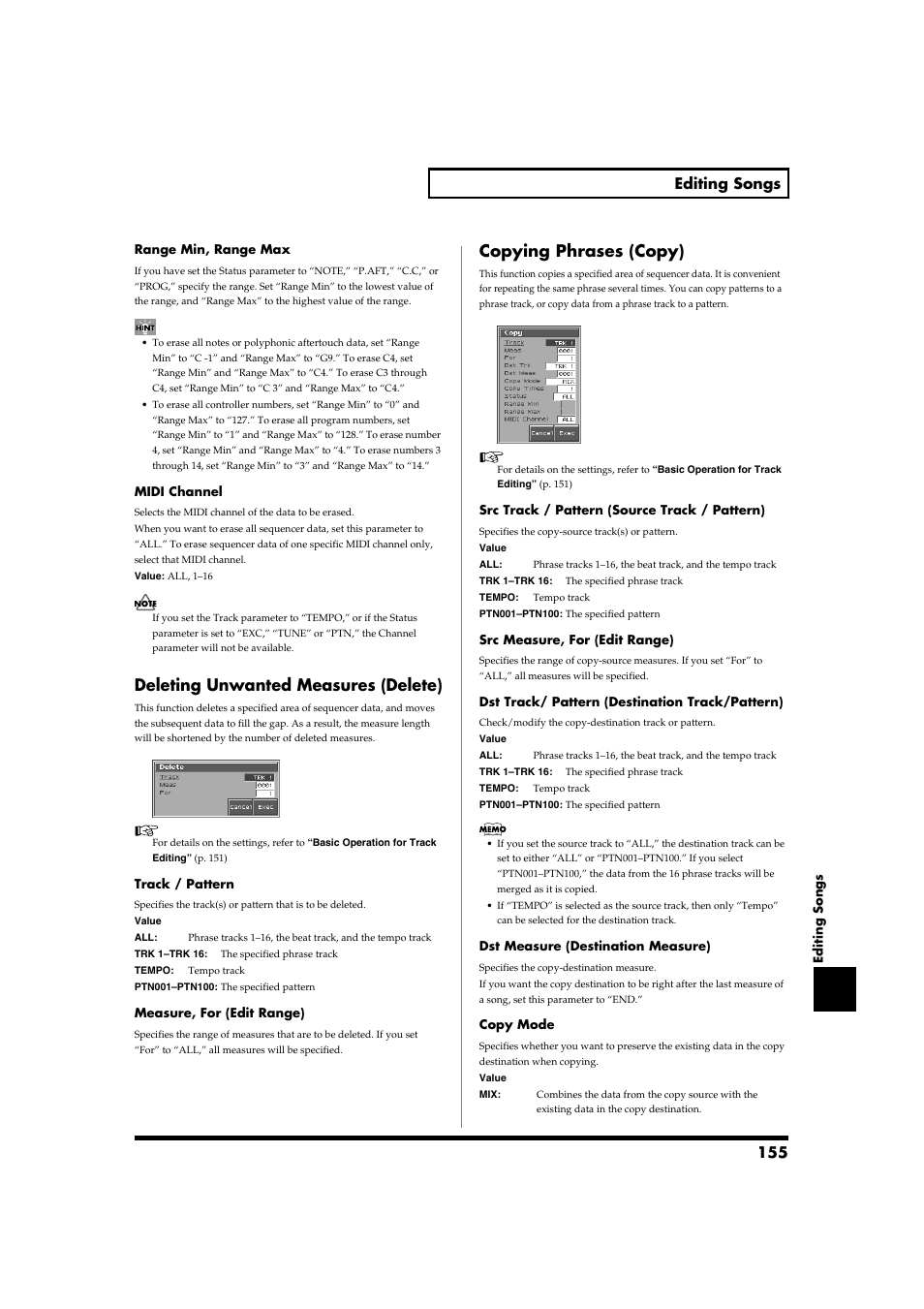 Deleting unwanted measures (delete), Copying phrases (copy), P. 155 | 155 editing songs | Roland Fantom-S88 User Manual | Page 155 / 228