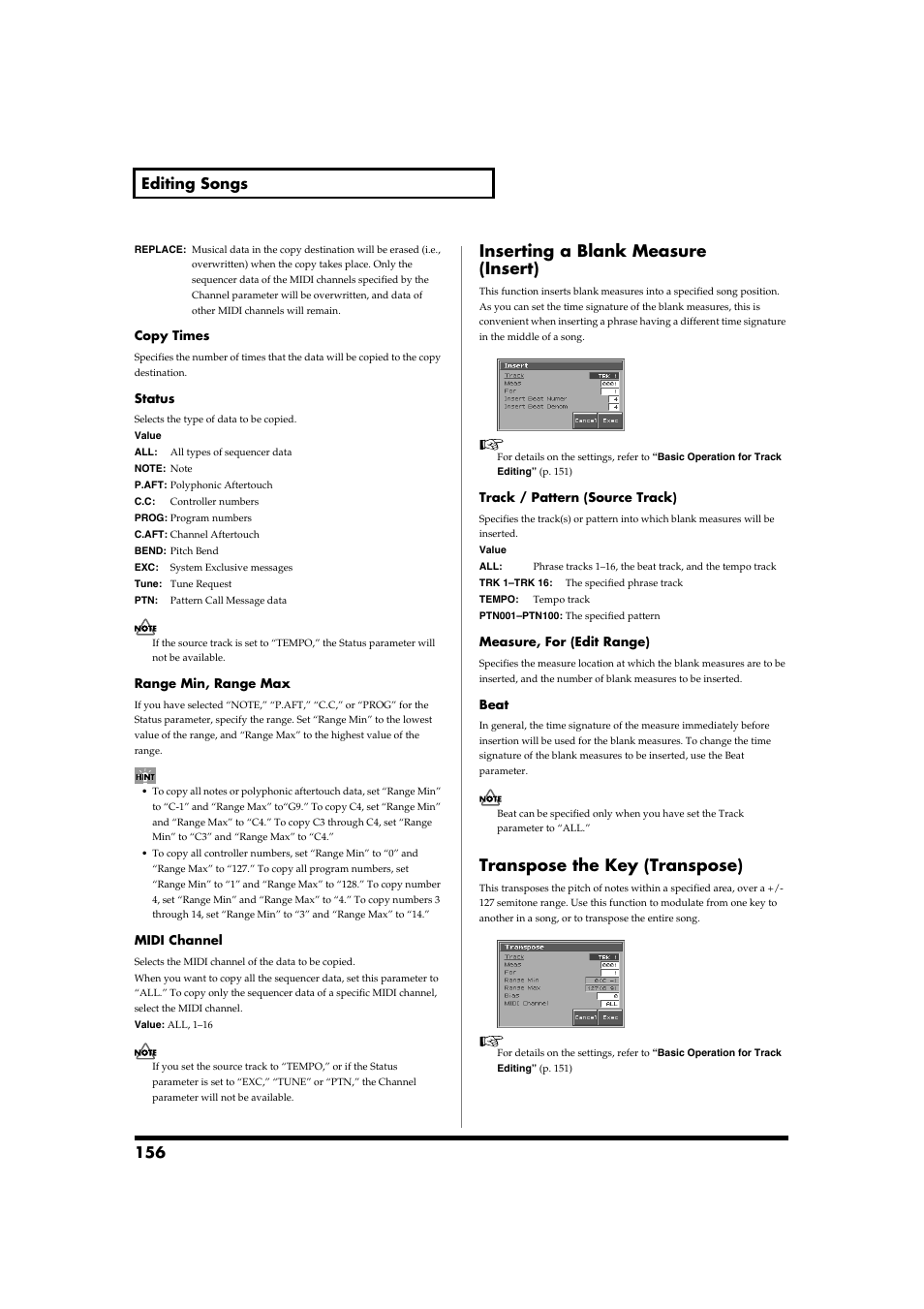 Inserting a blank measure (insert), Transpose the key (transpose), P. 156 | 156 editing songs | Roland Fantom-S88 User Manual | Page 156 / 228