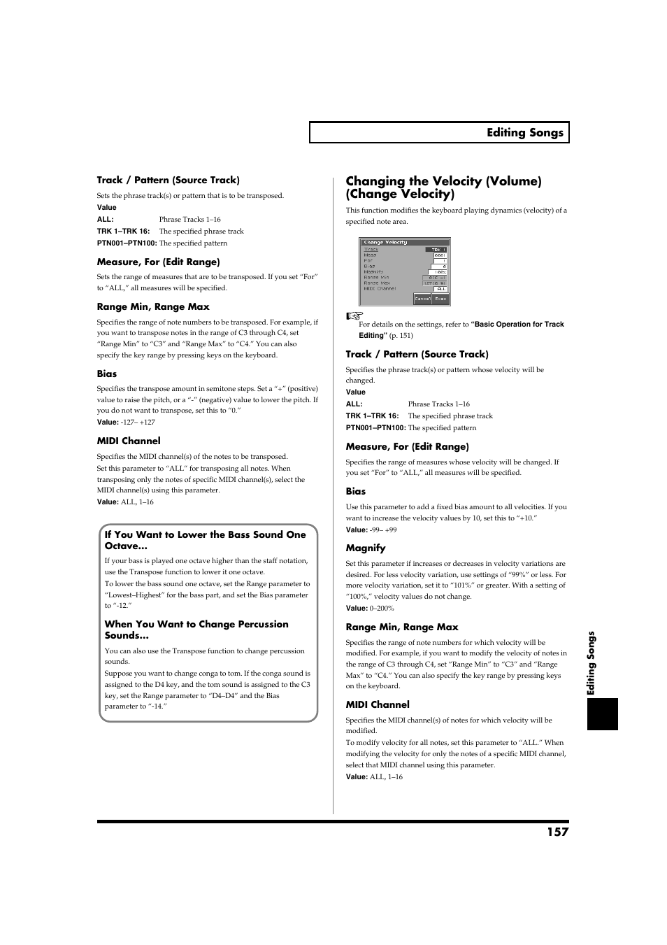 Changing the velocity (volume) (change velocity), P. 157, 157 editing songs | Roland Fantom-S88 User Manual | Page 157 / 228