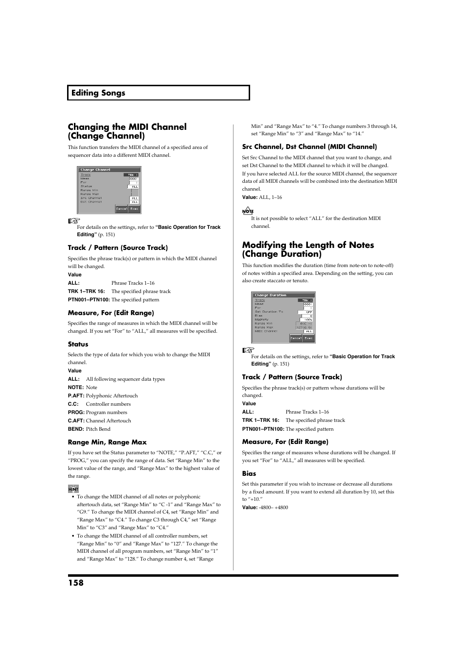 Changing the midi channel (change channel), Modifying the length of notes (change duration), P. 158 | 158 editing songs | Roland Fantom-S88 User Manual | Page 158 / 228