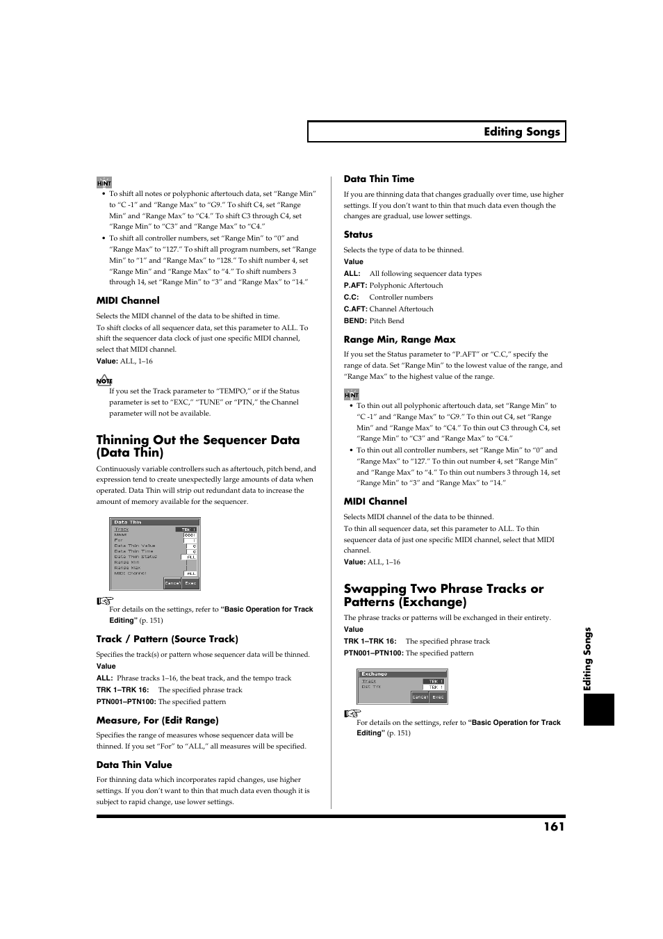 Thinning out the sequencer data (data thin), Swapping two phrase tracks or patterns (exchange), P. 161 | 161 editing songs | Roland Fantom-S88 User Manual | Page 161 / 228