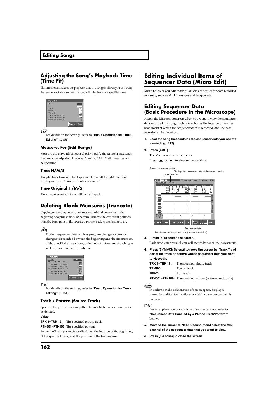 Adjusting the song’s playback time (time fit), Deleting blank measures (truncate), P. 162 | 162 editing songs | Roland Fantom-S88 User Manual | Page 162 / 228