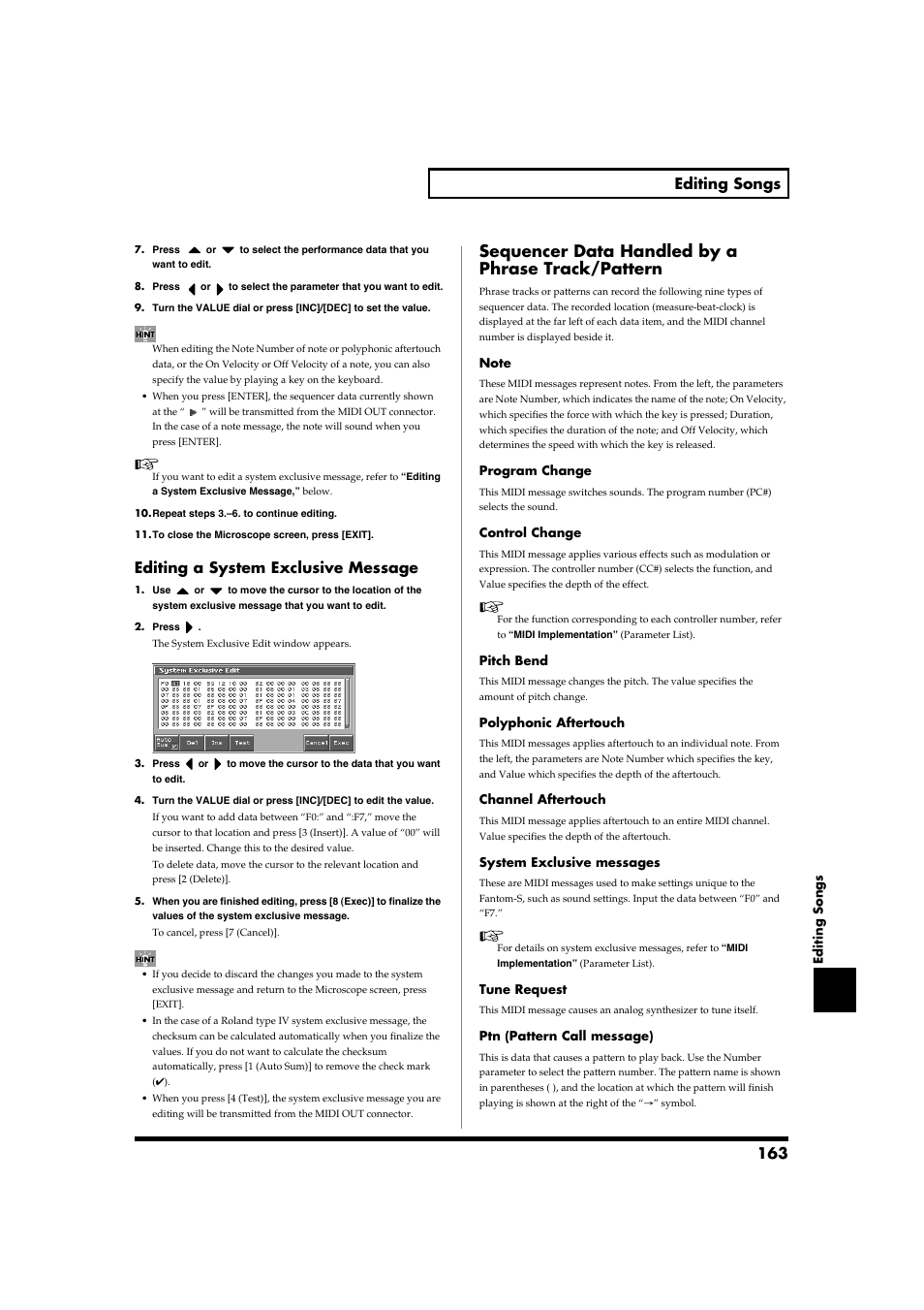 Sequencer data handled by a phrase track/pattern, 163 editing songs, Editing a system exclusive message | Roland Fantom-S88 User Manual | Page 163 / 228