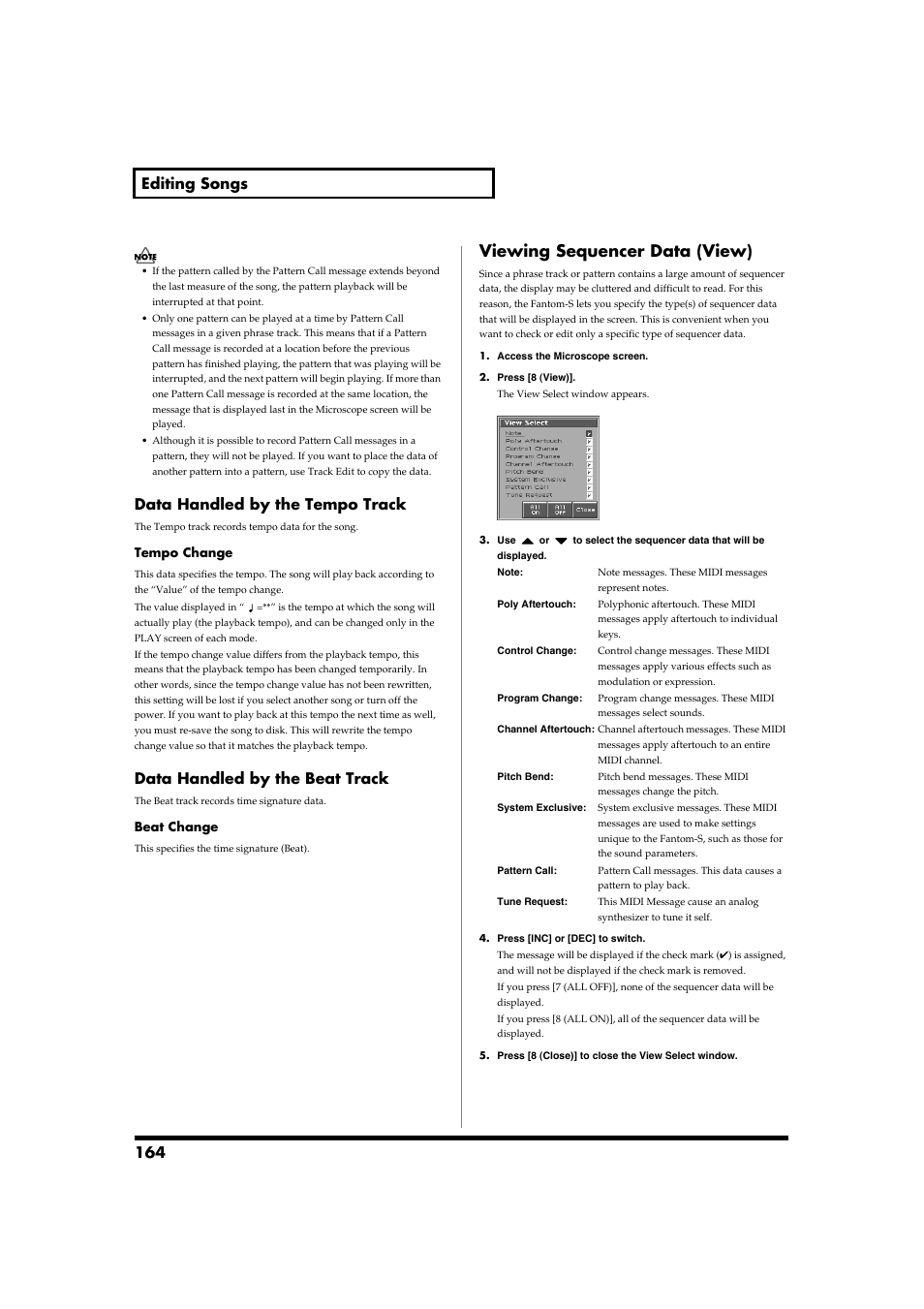 Viewing sequencer data (view), 164 editing songs, Data handled by the tempo track | Data handled by the beat track | Roland Fantom-S88 User Manual | Page 164 / 228