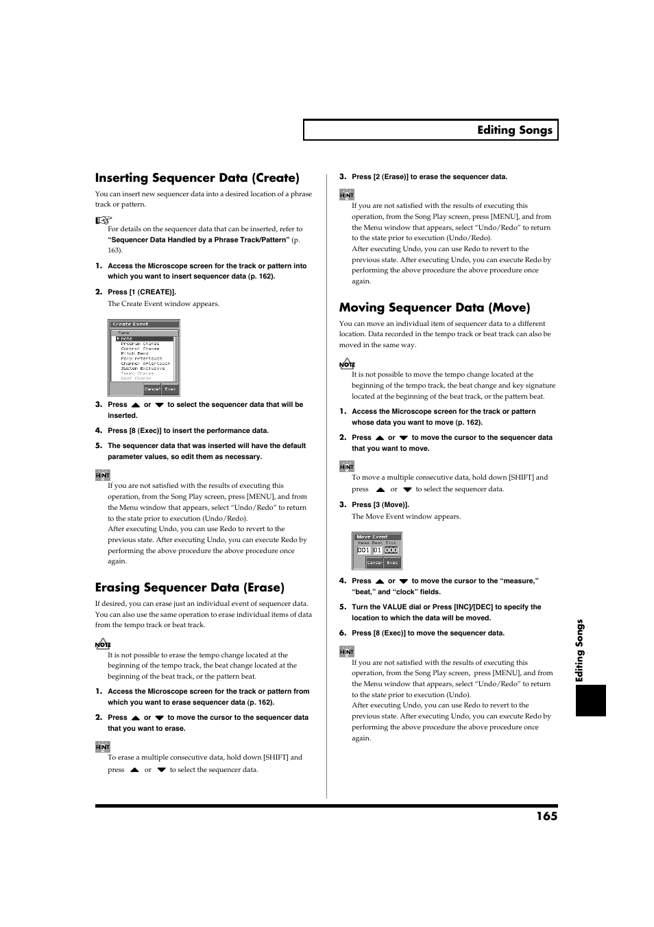 Inserting sequencer data (create), Erasing sequencer data (erase), Moving sequencer data (move) | 165 editing songs | Roland Fantom-S88 User Manual | Page 165 / 228