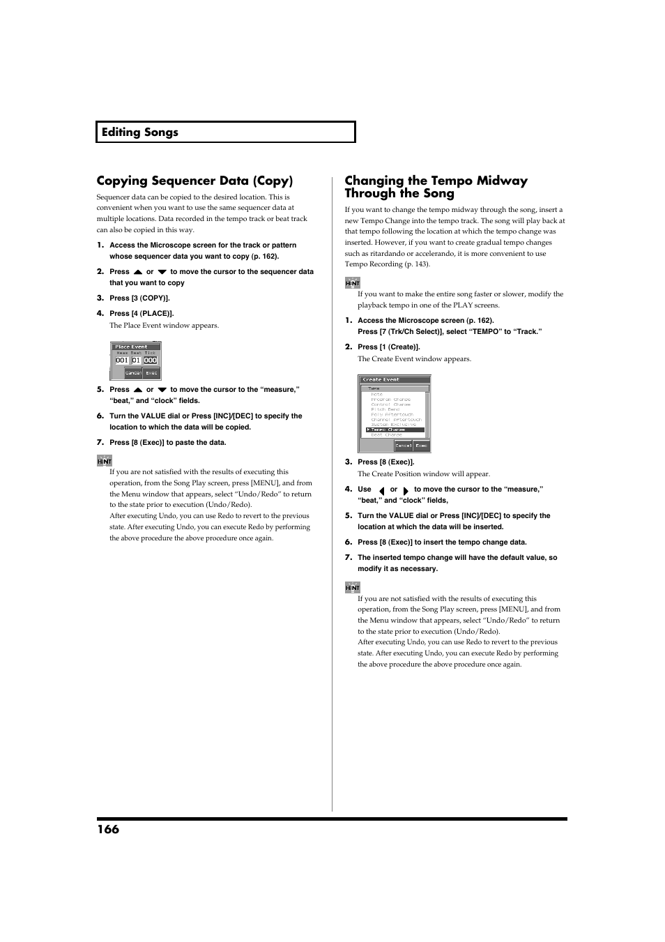 Copying sequencer data (copy), Changing the tempo midway through the song, 166 editing songs | Roland Fantom-S88 User Manual | Page 166 / 228