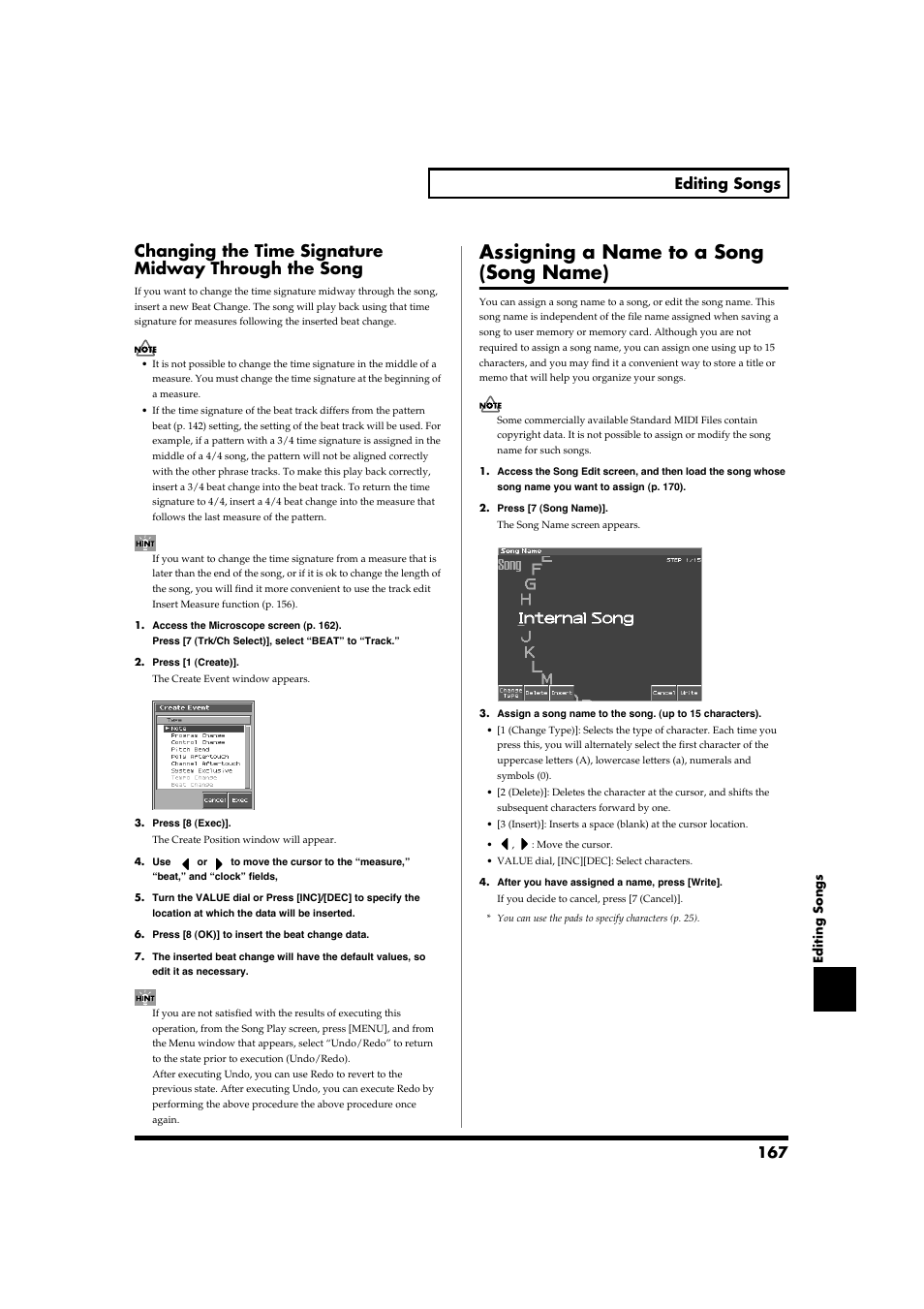 Assigning a name to a song (song name), 167 editing songs | Roland Fantom-S88 User Manual | Page 167 / 228