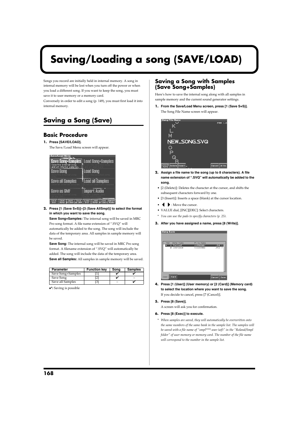 Saving/loading a song (save/load), Saving a song (save), Basic procedure | Saving a song with samples (save song+samples), Card (p. 168) | Roland Fantom-S88 User Manual | Page 168 / 228