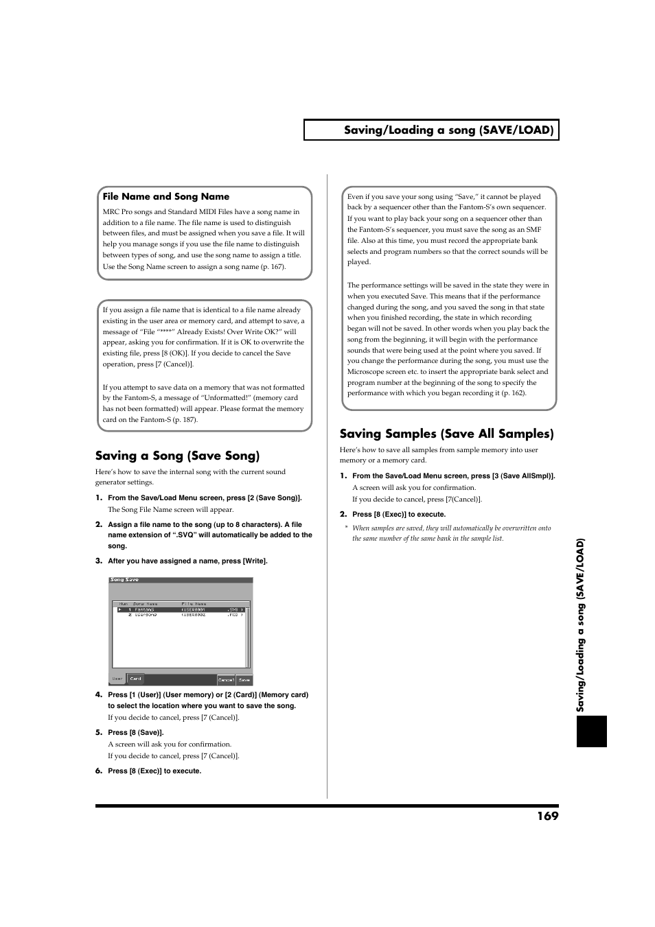 Saving a song (save song), Saving samples (save all samples), 169 saving/loading a song (save/load) | Roland Fantom-S88 User Manual | Page 169 / 228