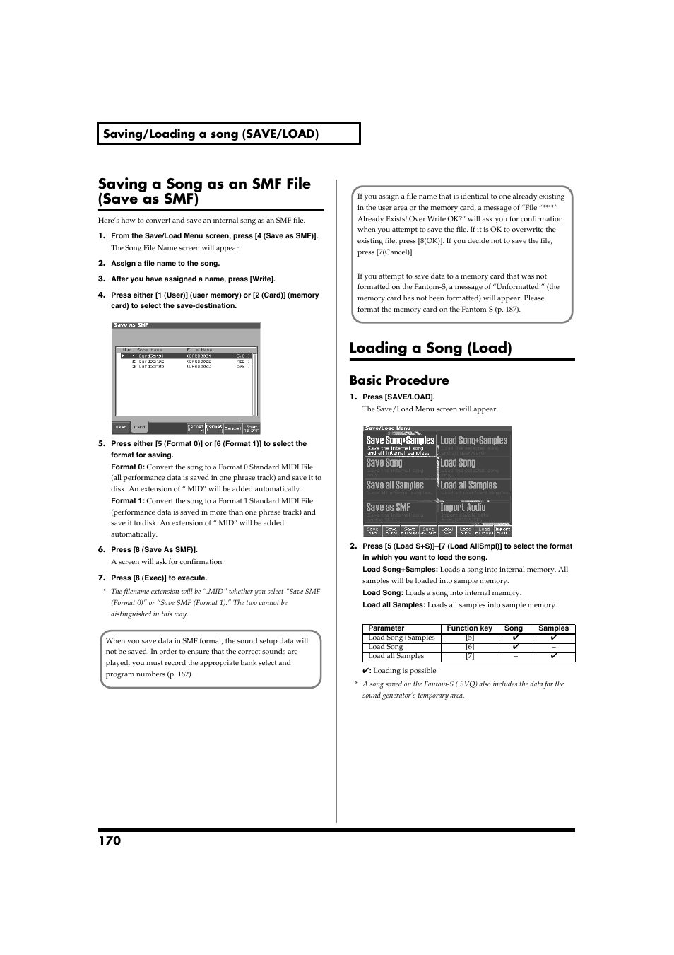 Saving a song as an smf file (save as smf), Loading a song (load), Basic procedure | Loading a song (load)” (p. 170), Song name you want to assign (p. 170), 170 saving/loading a song (save/load) | Roland Fantom-S88 User Manual | Page 170 / 228