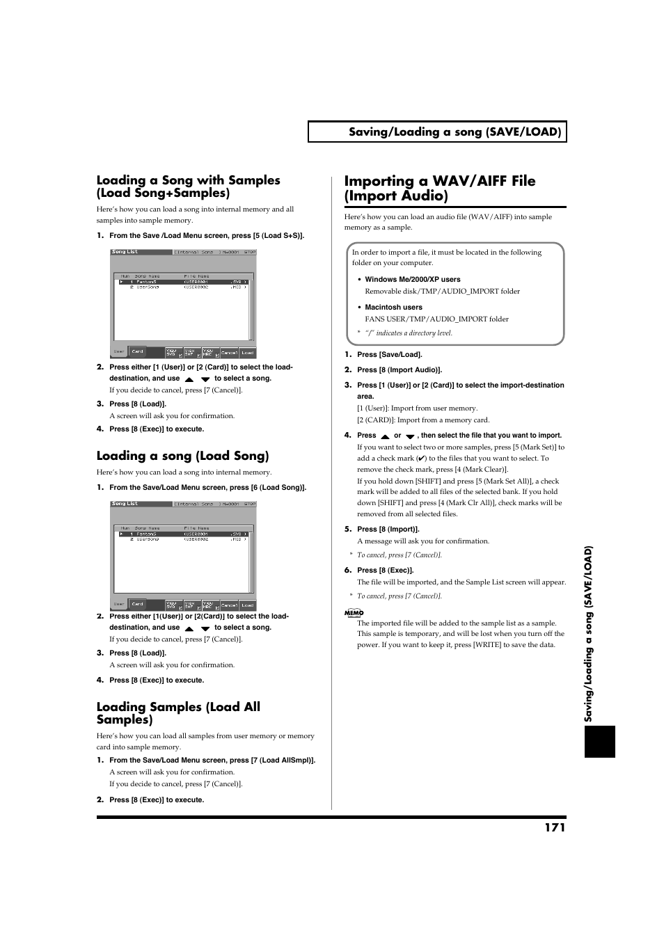 Loading a song with samples (load song+samples), Loading a song (load song), Loading samples (load all samples) | Importing a wav/aiff file (import audio), 171 saving/loading a song (save/load) | Roland Fantom-S88 User Manual | Page 171 / 228