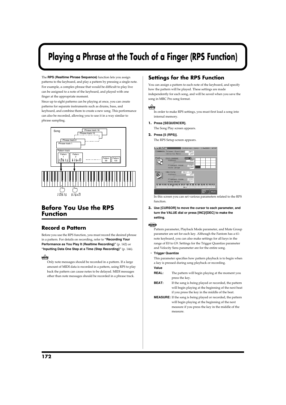 Before you use the rps function, Record a pattern, Settings for the rps function | Record a pattern settings for the rps function, When rps is on (p. 172) | Roland Fantom-S88 User Manual | Page 172 / 228