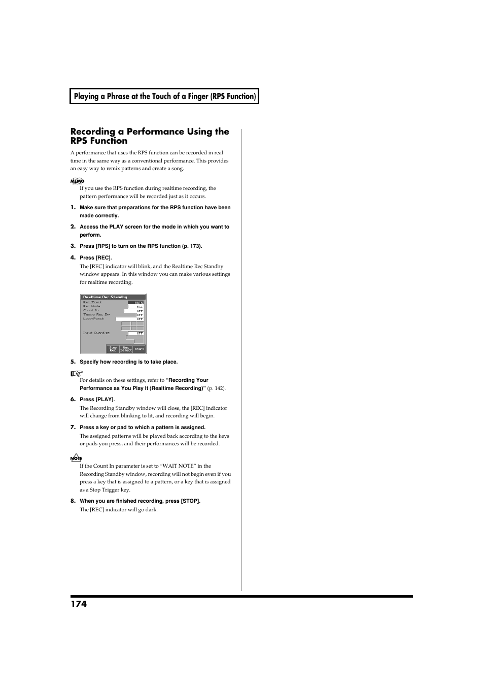 Recording a performance using the rps function | Roland Fantom-S88 User Manual | Page 174 / 228