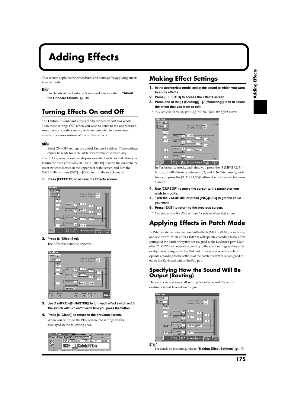 Adding effects, Turning effects on and off, Making effect settings | Applying effects in patch mode, Specifying how the sound will be output (routing), P. 175), P. 175, Applying effects in patch mode” (p. 175) | Roland Fantom-S88 User Manual | Page 175 / 228