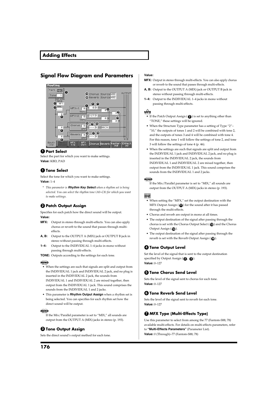 Signal flow diagram and parameters, Output assign setting (p. 176, p. 176), 176 adding effects | Roland Fantom-S88 User Manual | Page 176 / 228