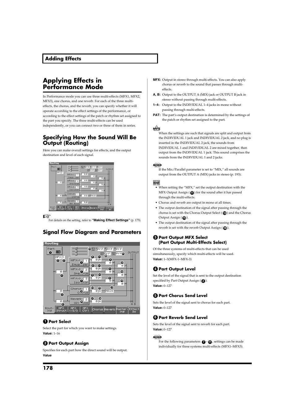 Applying effects in performance mode, Specifying how the sound will be output (routing), Signal flow diagram and parameters | Applying effects in performance mode” (p. 178), 178 adding effects | Roland Fantom-S88 User Manual | Page 178 / 228