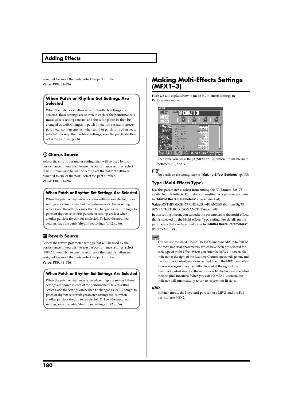 Making multi-effects settings (mfx1–3), Making multi-effects settings (mfx1–3)” (p. 180), 180 adding effects | Roland Fantom-S88 User Manual | Page 180 / 228