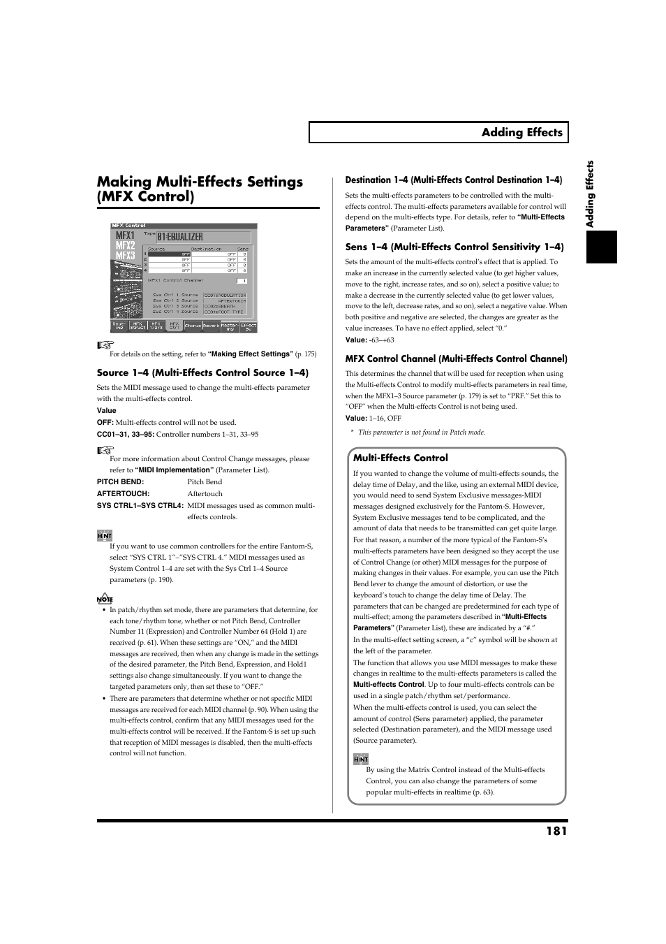 Making multi-effects settings (mfx control), 181 adding effects | Roland Fantom-S88 User Manual | Page 181 / 228