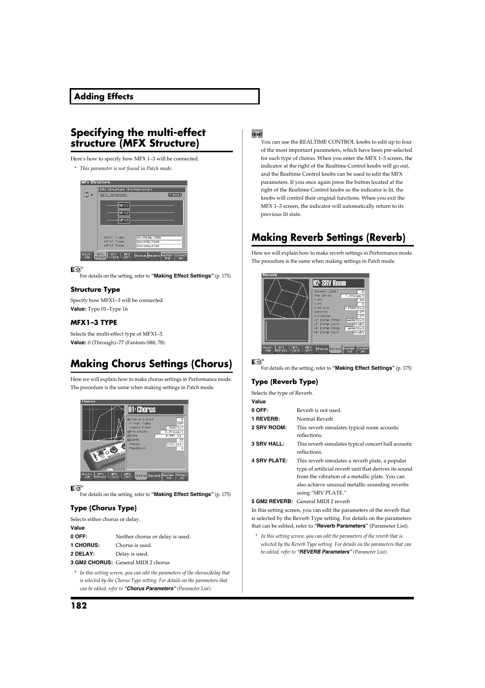 Making chorus settings (chorus), Making reverb settings (reverb), Making chorus settings (chorus)” (p. 182) | Making reverb settings (reverb)” (p. 182), 182 adding effects | Roland Fantom-S88 User Manual | Page 182 / 228