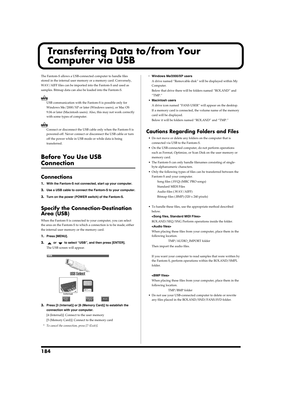 Transferring data to/from your computer via usb, Before you use usb connection, Connections | Specify the connection-destination area (usb), Cautions regarding folders and files, P. 184) | Roland Fantom-S88 User Manual | Page 184 / 228