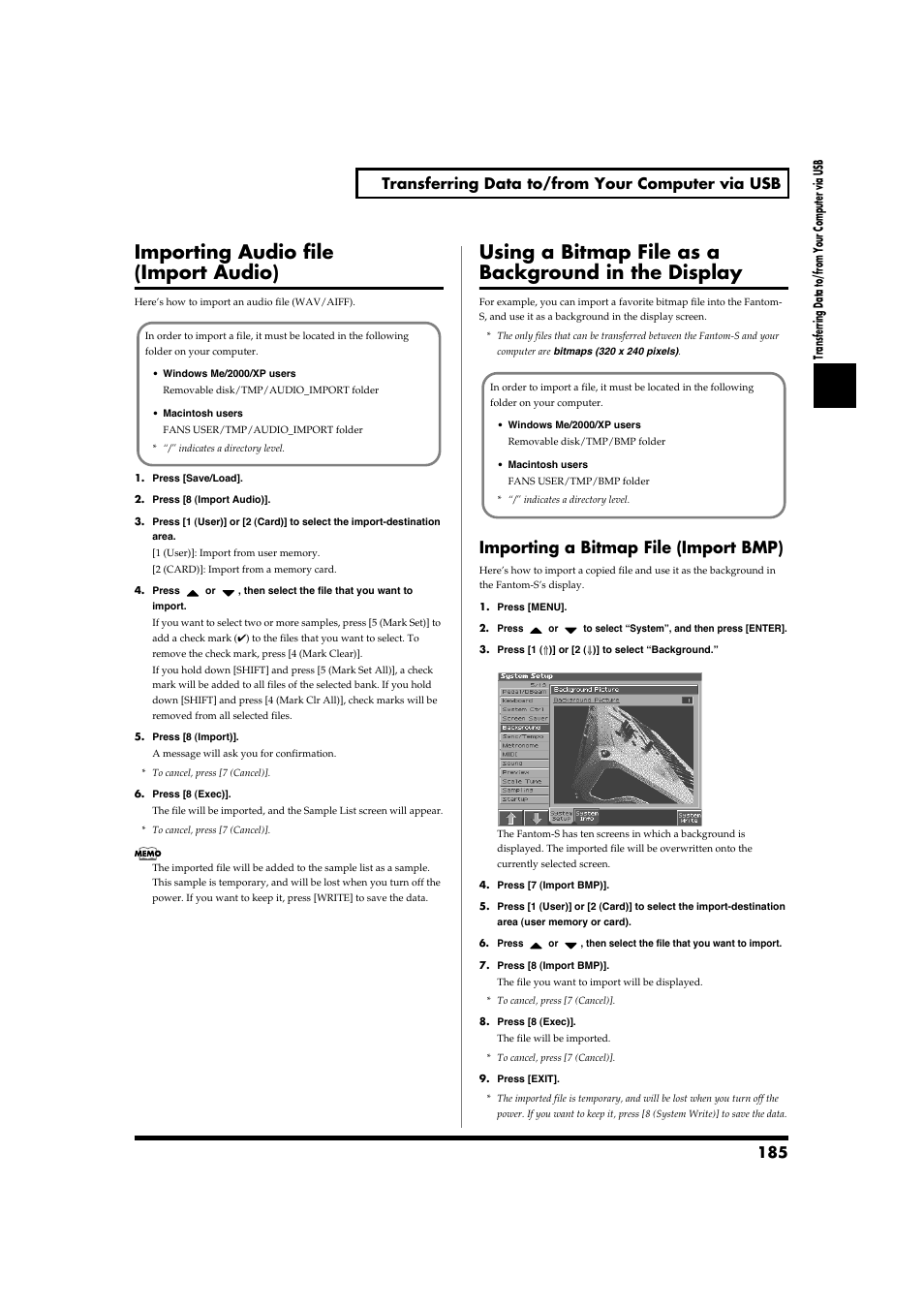 Importing audio file (import audio), Using a bitmap file as a background in the display, Importing a bitmap file (import bmp) | Roland Fantom-S88 User Manual | Page 185 / 228