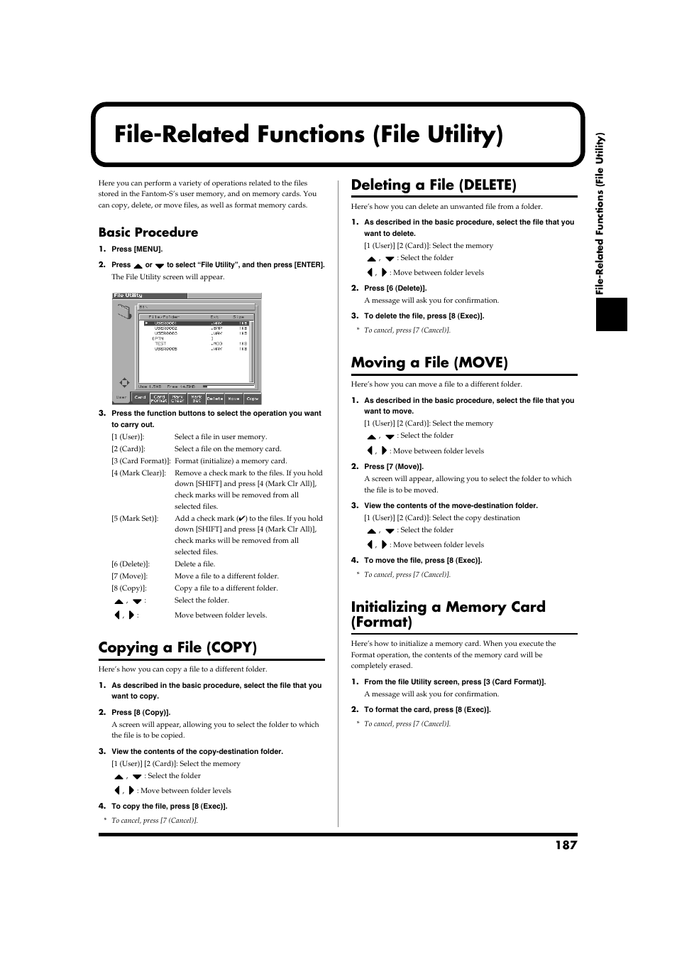 File-related functions (file utility), Basic procedure, Copying a file (copy) | Deleting a file (delete), Moving a file (move), Initializing a memory card (format) | Roland Fantom-S88 User Manual | Page 187 / 228