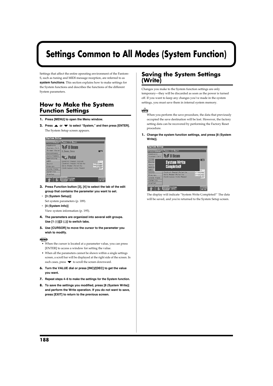 Settings common to all modes (system function), How to make the system function settings, Saving the system settings (write) | Roland Fantom-S88 User Manual | Page 188 / 228