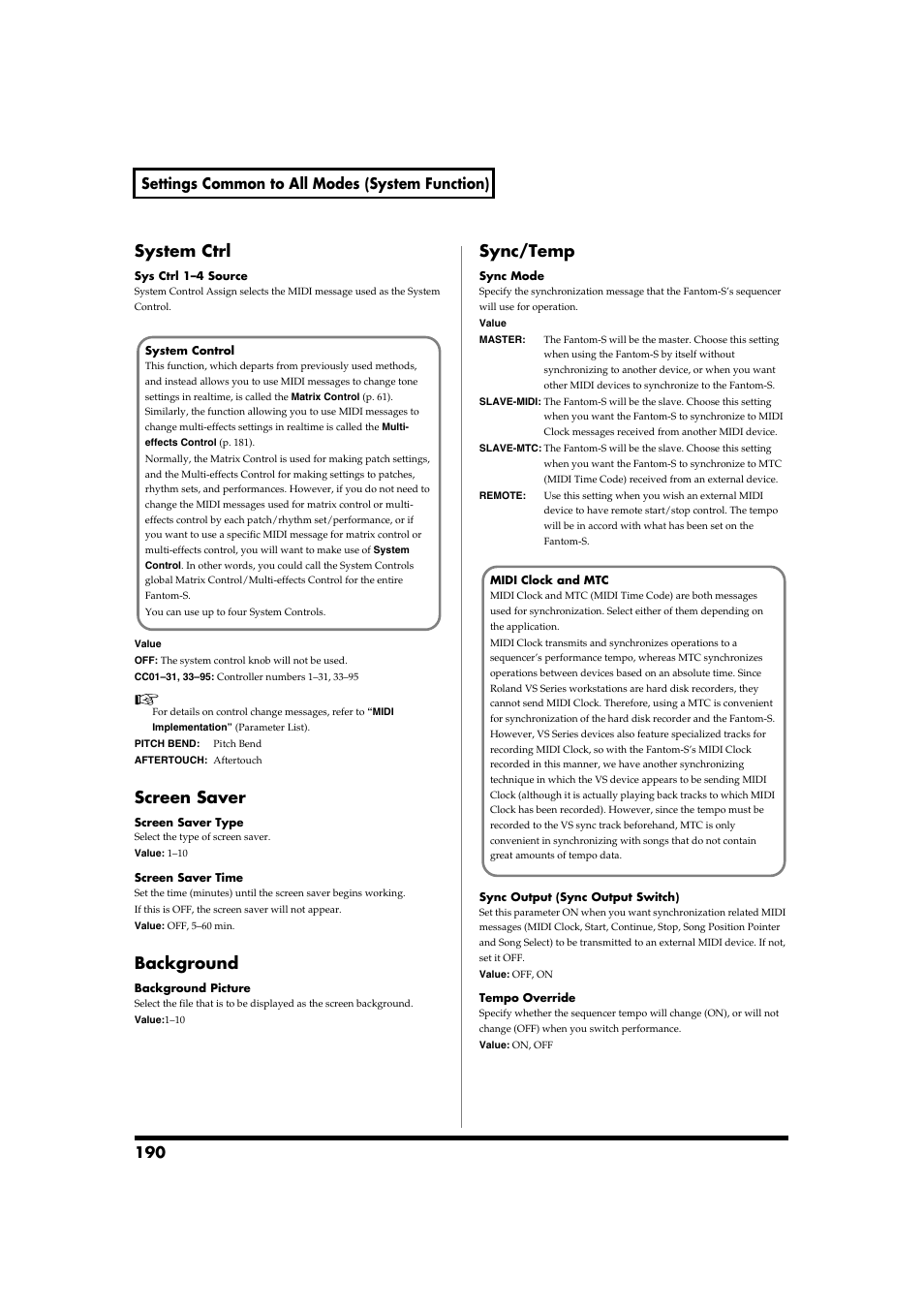 System ctrl, Screen saver, Background | Sync/temp, System ctrl screen saver, Background sync/temp, Parameter (p. 190), Parameters (p. 190), 190 settings common to all modes (system function) | Roland Fantom-S88 User Manual | Page 190 / 228