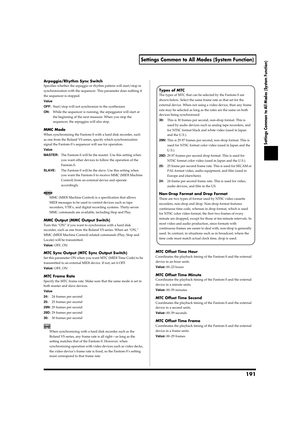 191 settings common to all modes (system function) | Roland Fantom-S88 User Manual | Page 191 / 228