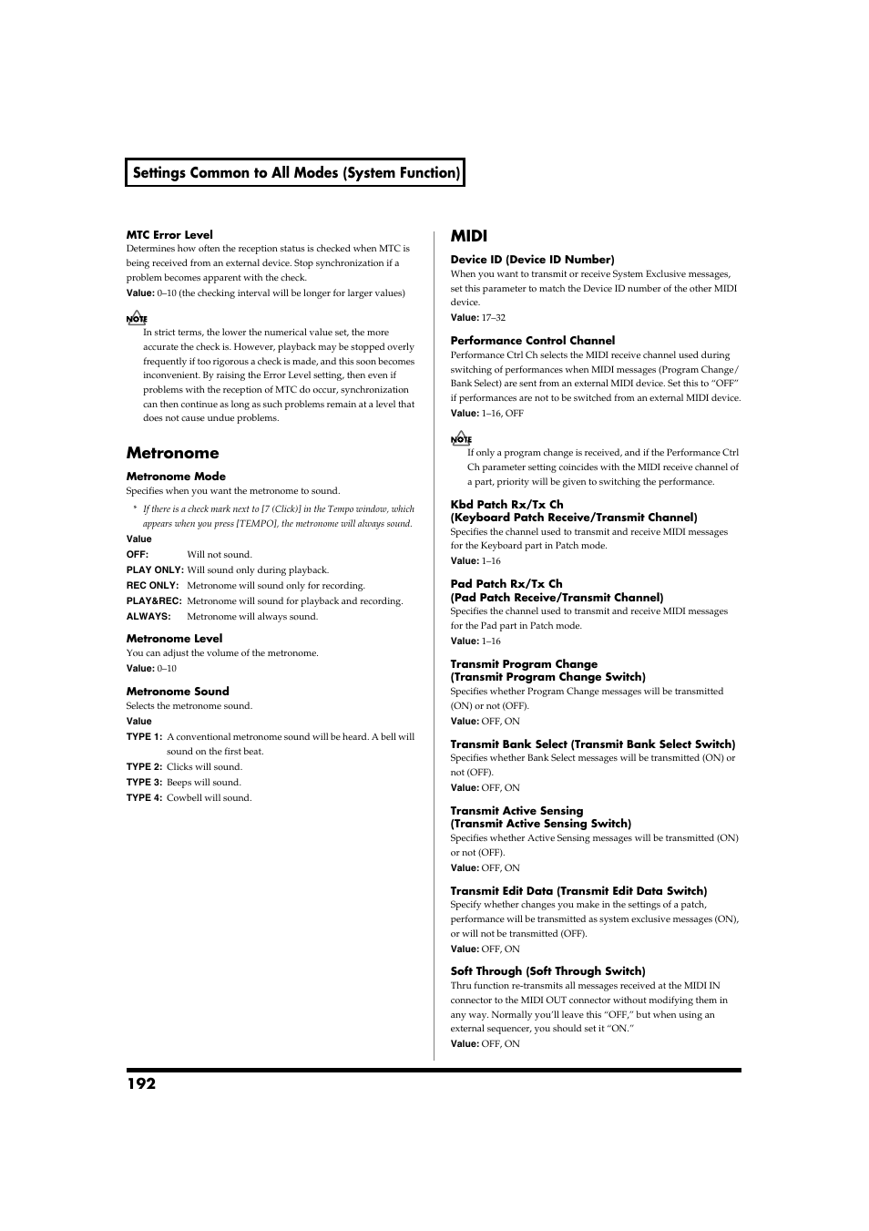 Metronome, Midi, Metronome midi | 192 settings common to all modes (system function) | Roland Fantom-S88 User Manual | Page 192 / 228