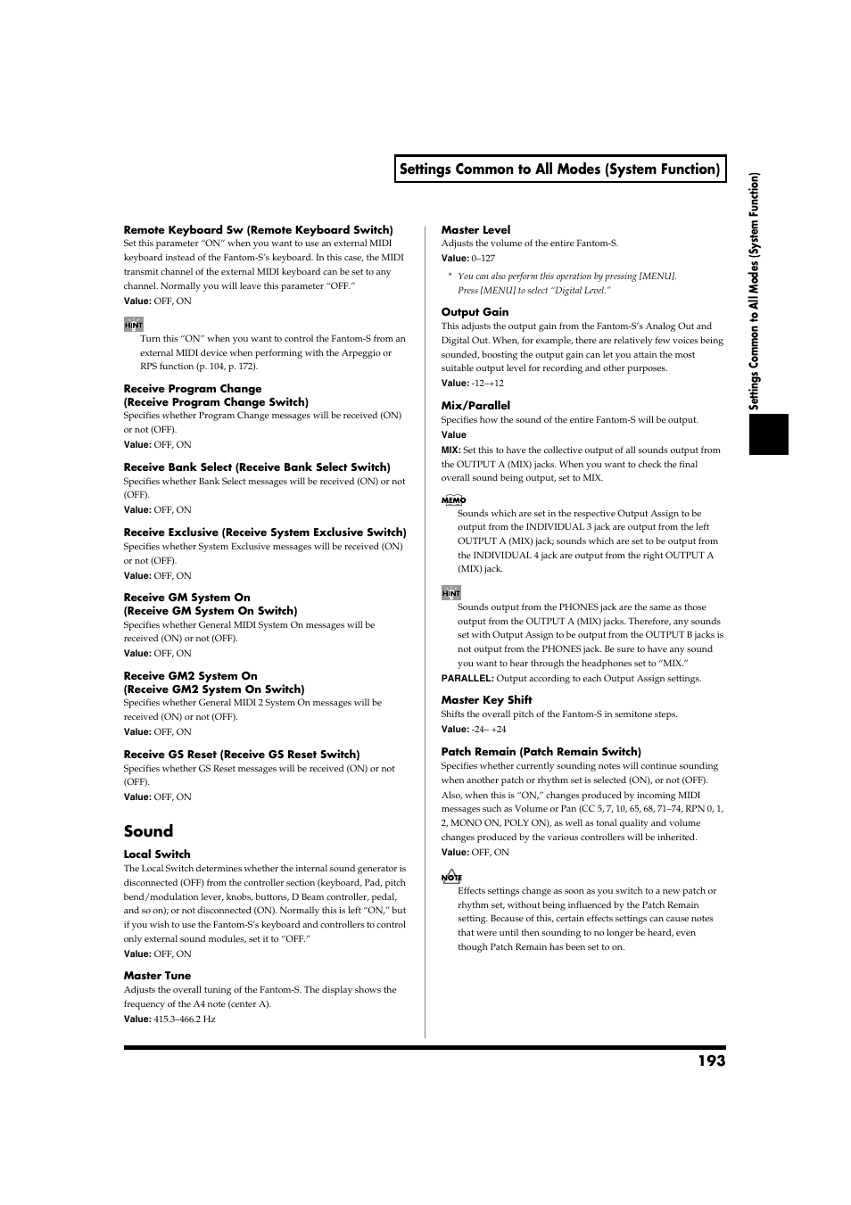 Sound, Stereo (p. 193), 193 settings common to all modes (system function) | Roland Fantom-S88 User Manual | Page 193 / 228