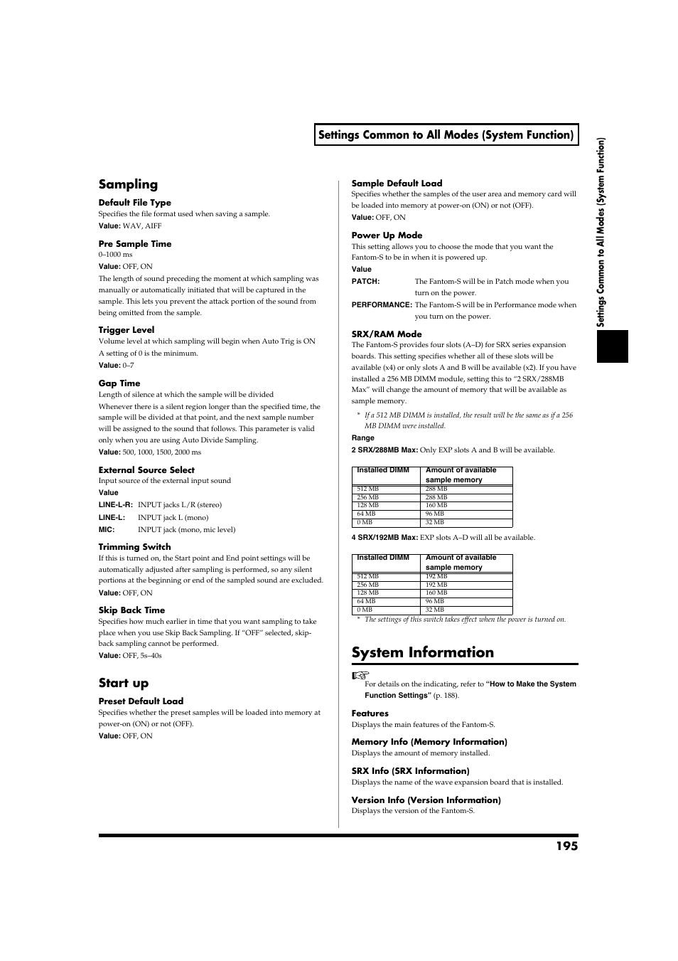 Sampling, Start up, System information | Sampling start up, 195 settings common to all modes (system function) | Roland Fantom-S88 User Manual | Page 195 / 228