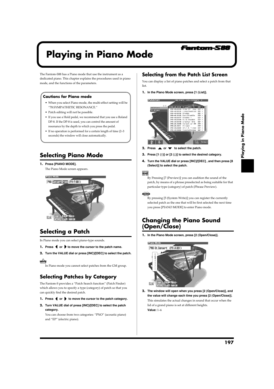 Playing in piano mode, Selecting piano mode, Selecting a patch | Selecting patches by category, Selecting from the patch list screen, Changing the piano sound (open/close), Selecting piano mode selecting a patch, P. 197) | Roland Fantom-S88 User Manual | Page 197 / 228