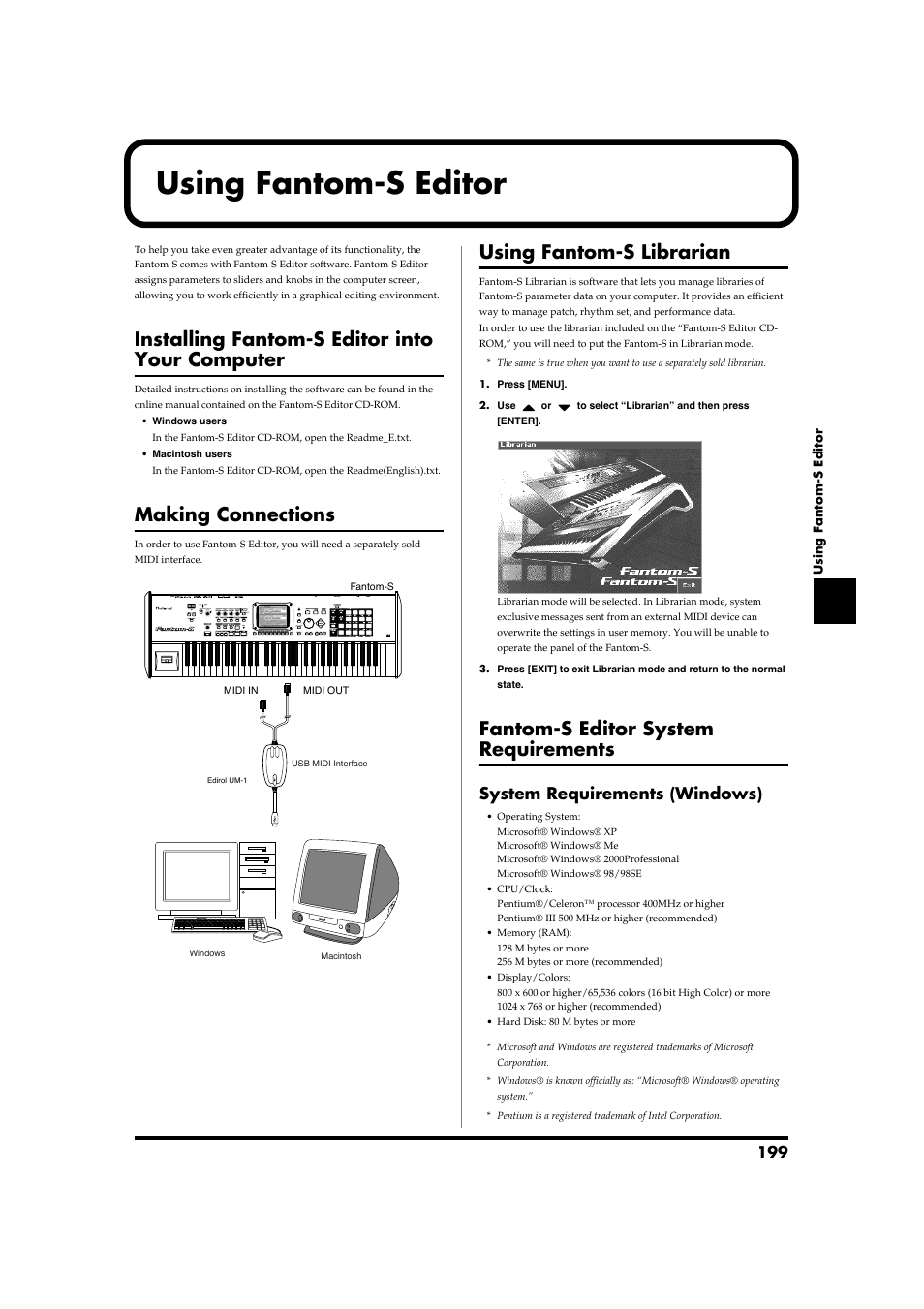 Using fantom-s editor, Installing fantom-s editor into your computer, Making connections | Using fantom-s librarian, Fantom-s editor system requirements, System requirements (windows) | Roland Fantom-S88 User Manual | Page 199 / 228