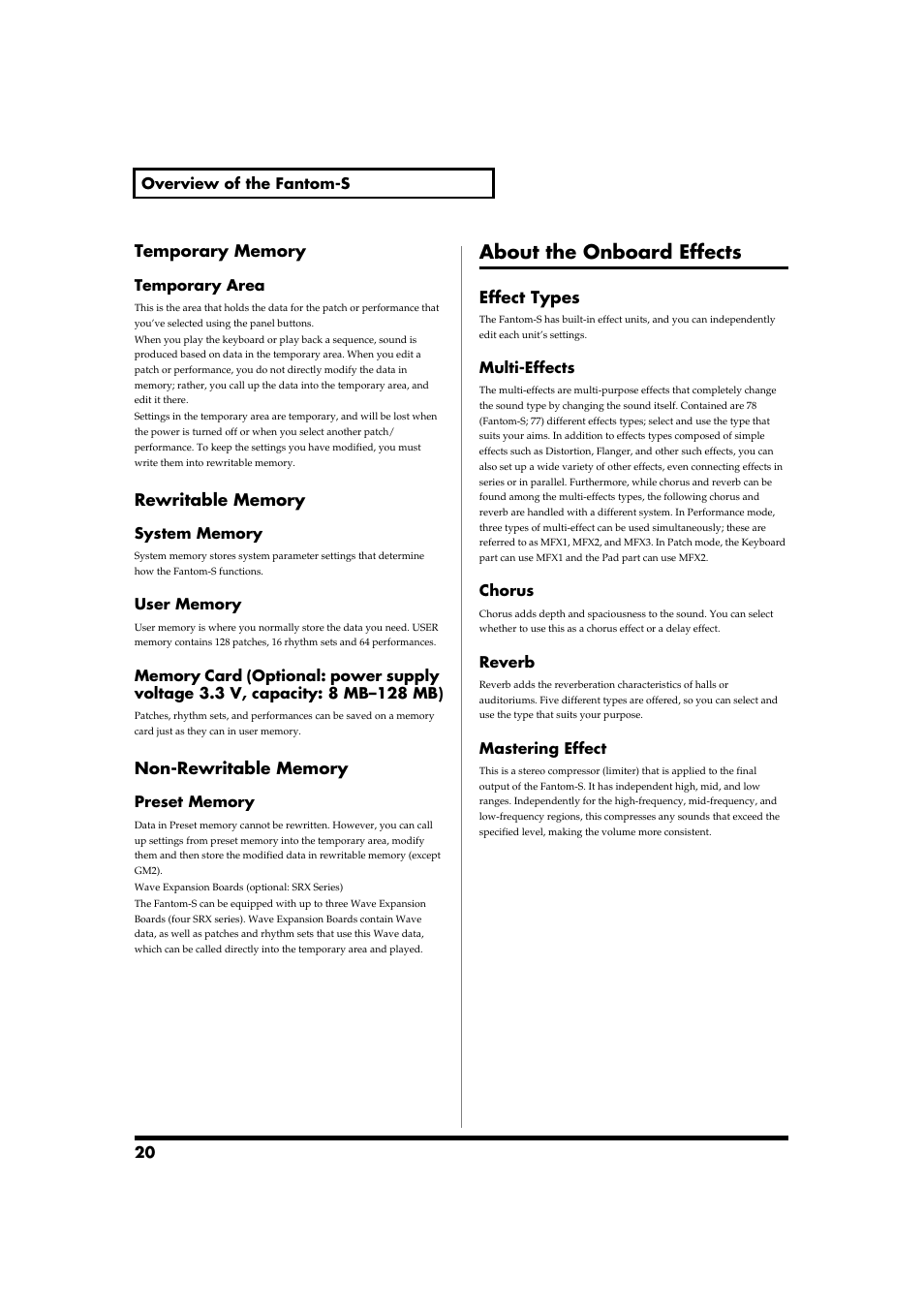 About the onboard effects, Effect types | Roland Fantom-S88 User Manual | Page 20 / 228