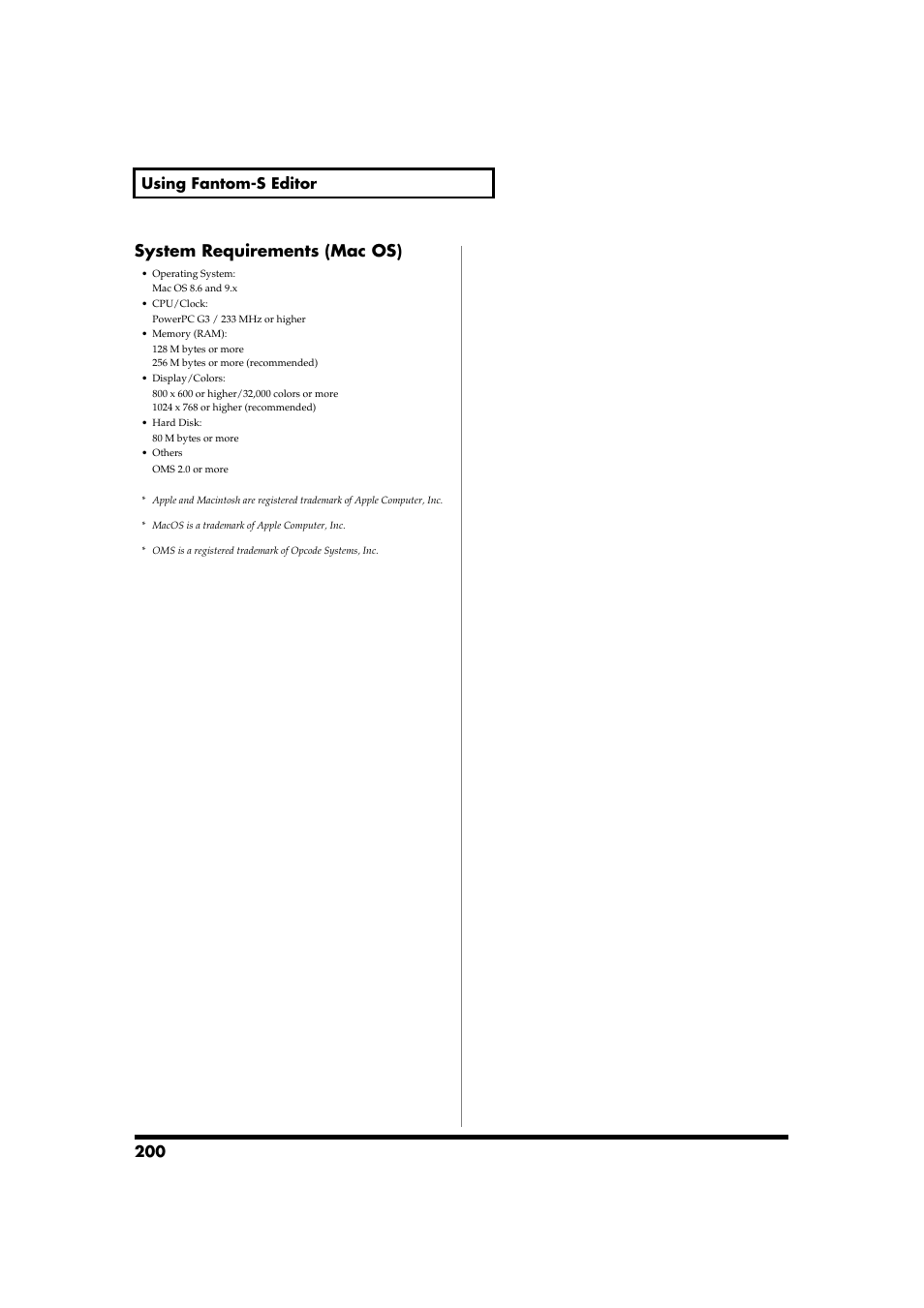 System requirements (mac os), 200 using fantom-s editor | Roland Fantom-S88 User Manual | Page 200 / 228