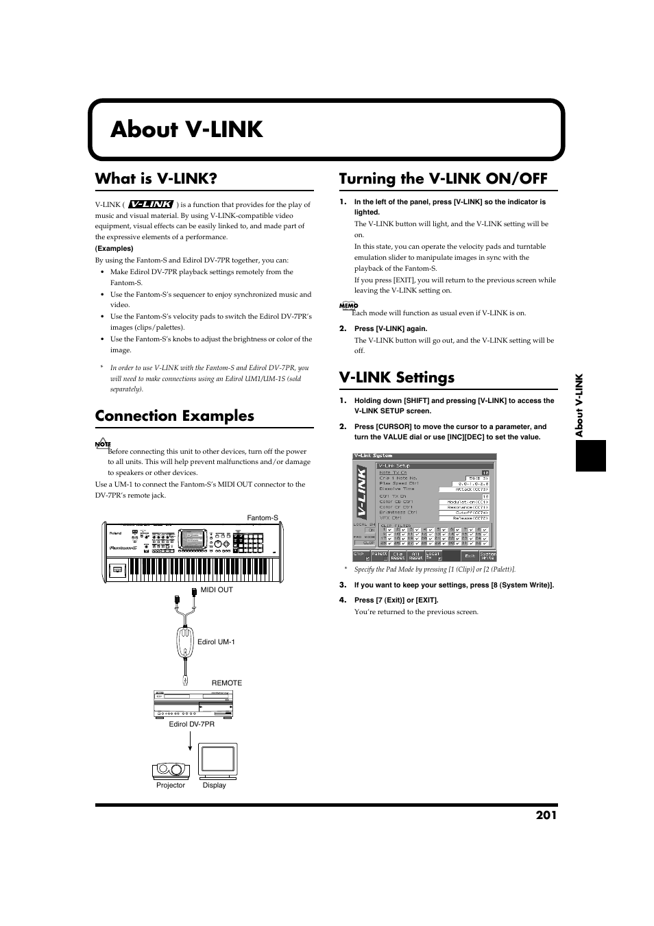 About v-link, P. 201), What is v-link | Connection examples, Turning the v-link on/off, V-link settings | Roland Fantom-S88 User Manual | Page 201 / 228