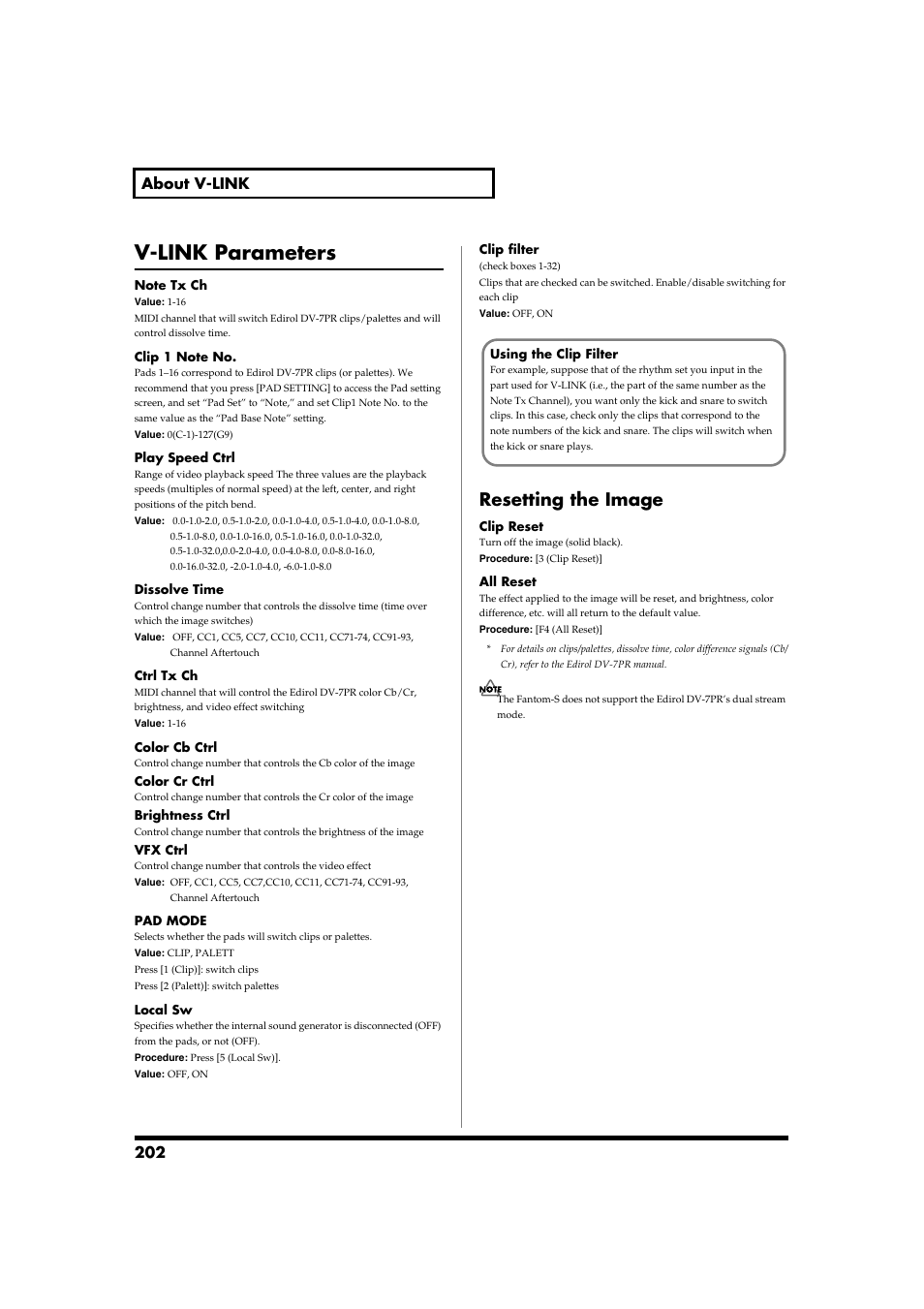 V-link parameters, Resetting the image, 202 about v-link | Roland Fantom-S88 User Manual | Page 202 / 228