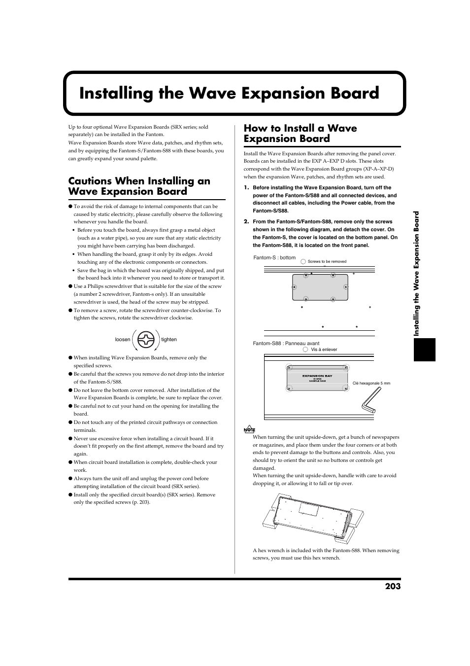 Installing the wave expansion board, P. 203), Cautions when installing an wave expansion board | How to install a wave expansion board | Roland Fantom-S88 User Manual | Page 203 / 228