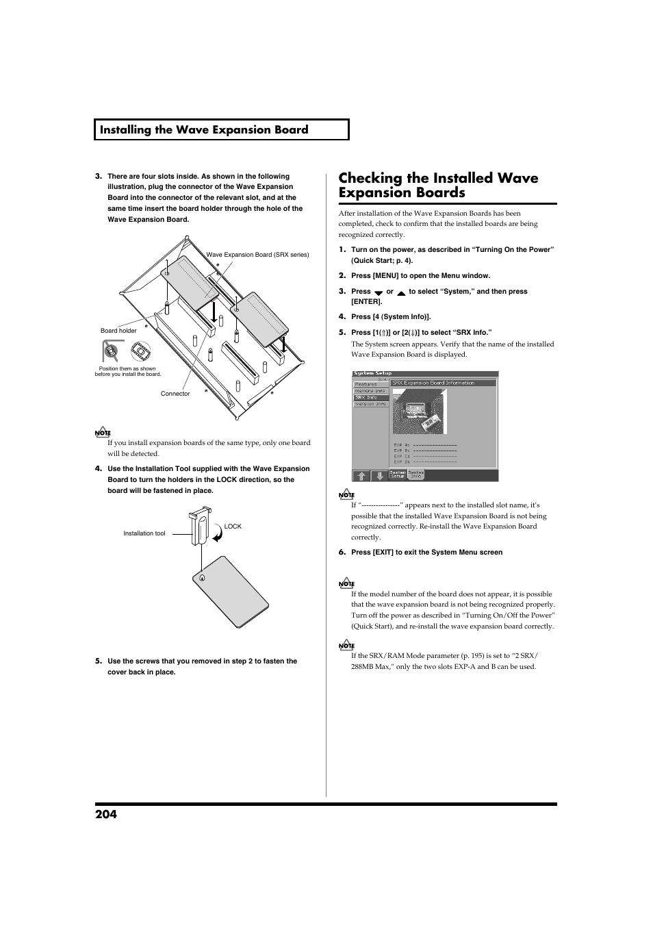 Checking the installed wave expansion boards, 204 installing the wave expansion board | Roland Fantom-S88 User Manual | Page 204 / 228