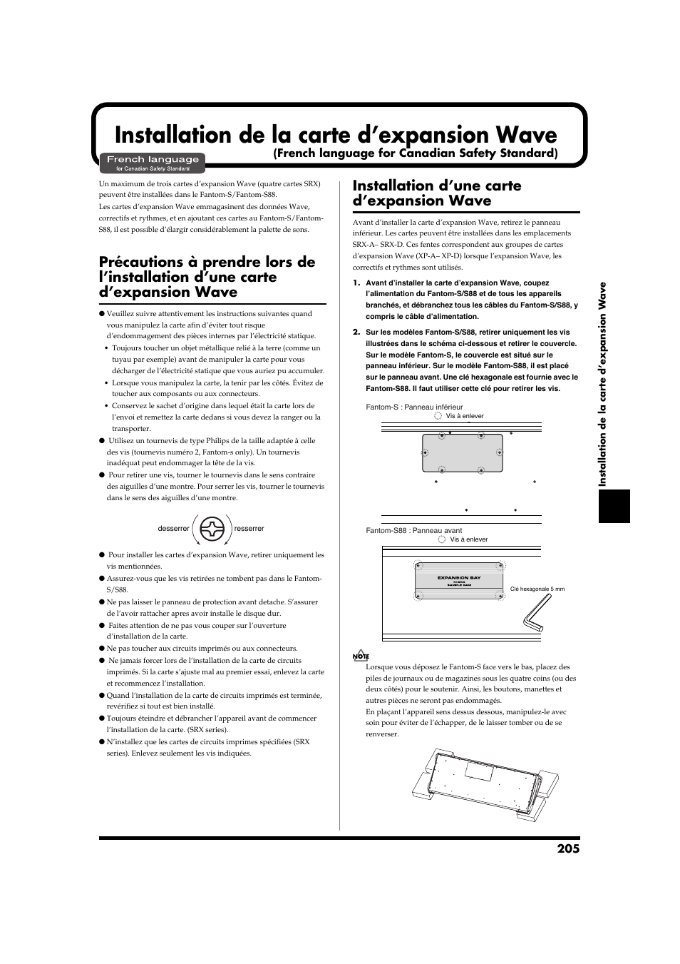 Installation de la carte d’expansion wave, Installation d’une carte d’expansion wave, French language for canadian safety standard) | Roland Fantom-S88 User Manual | Page 205 / 228