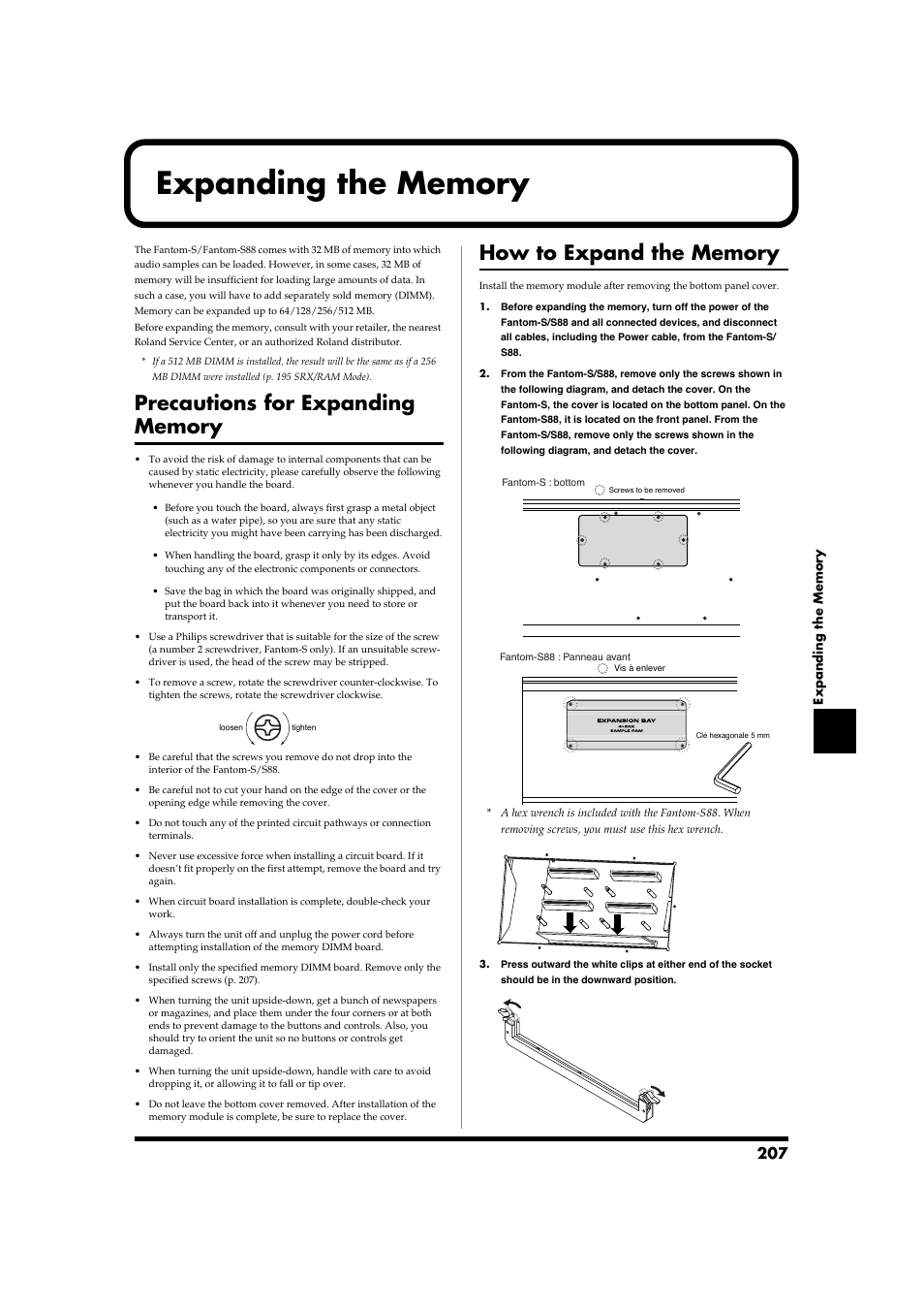 Expanding the memory, Separately sold memory (dimm) (p. 207) | Roland Fantom-S88 User Manual | Page 207 / 228