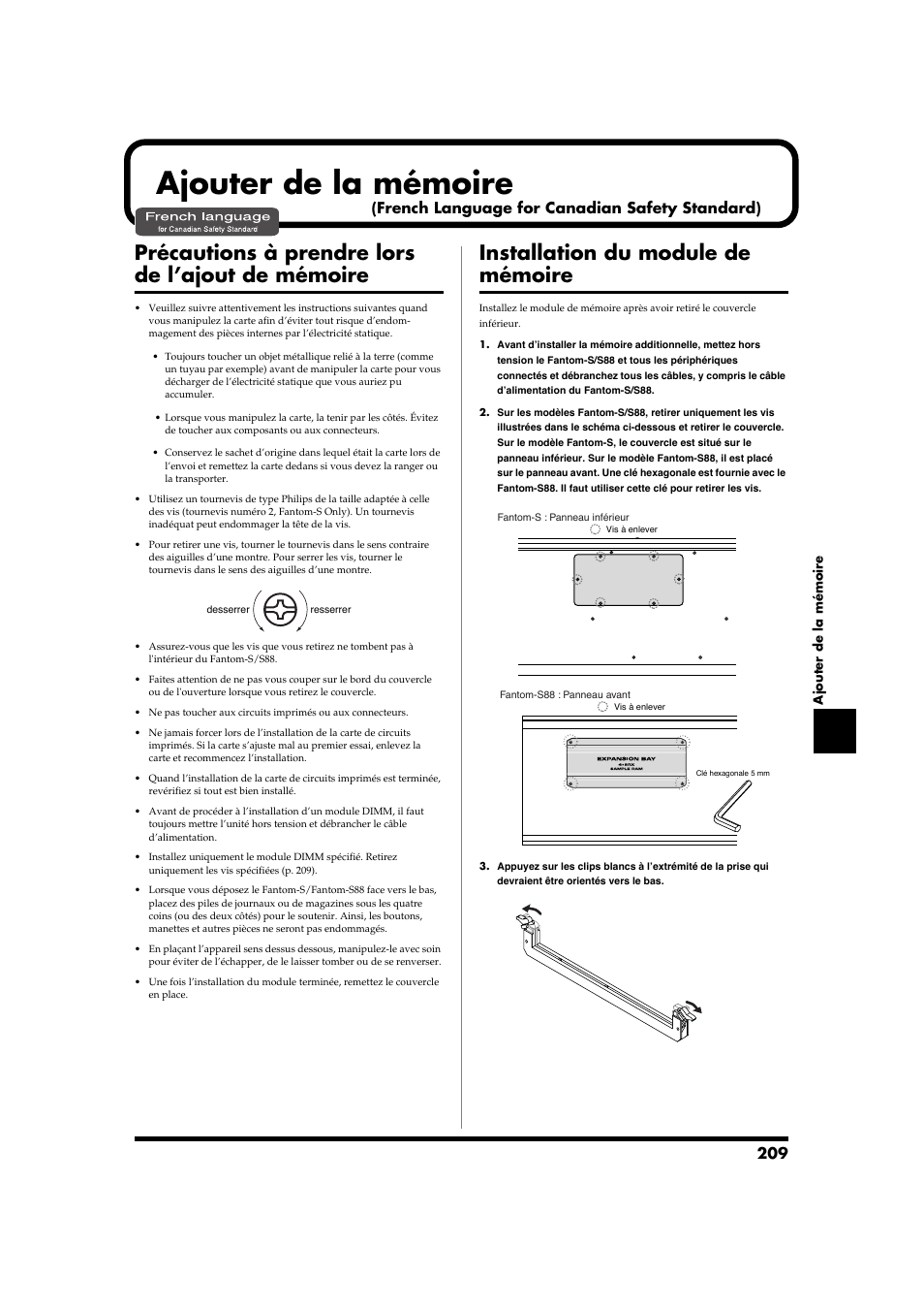 Ajouter de la mémoire, Précautions à prendre lors de l’ajout de mémoire, Installation du module de mémoire | French language for canadian safety standard) | Roland Fantom-S88 User Manual | Page 209 / 228