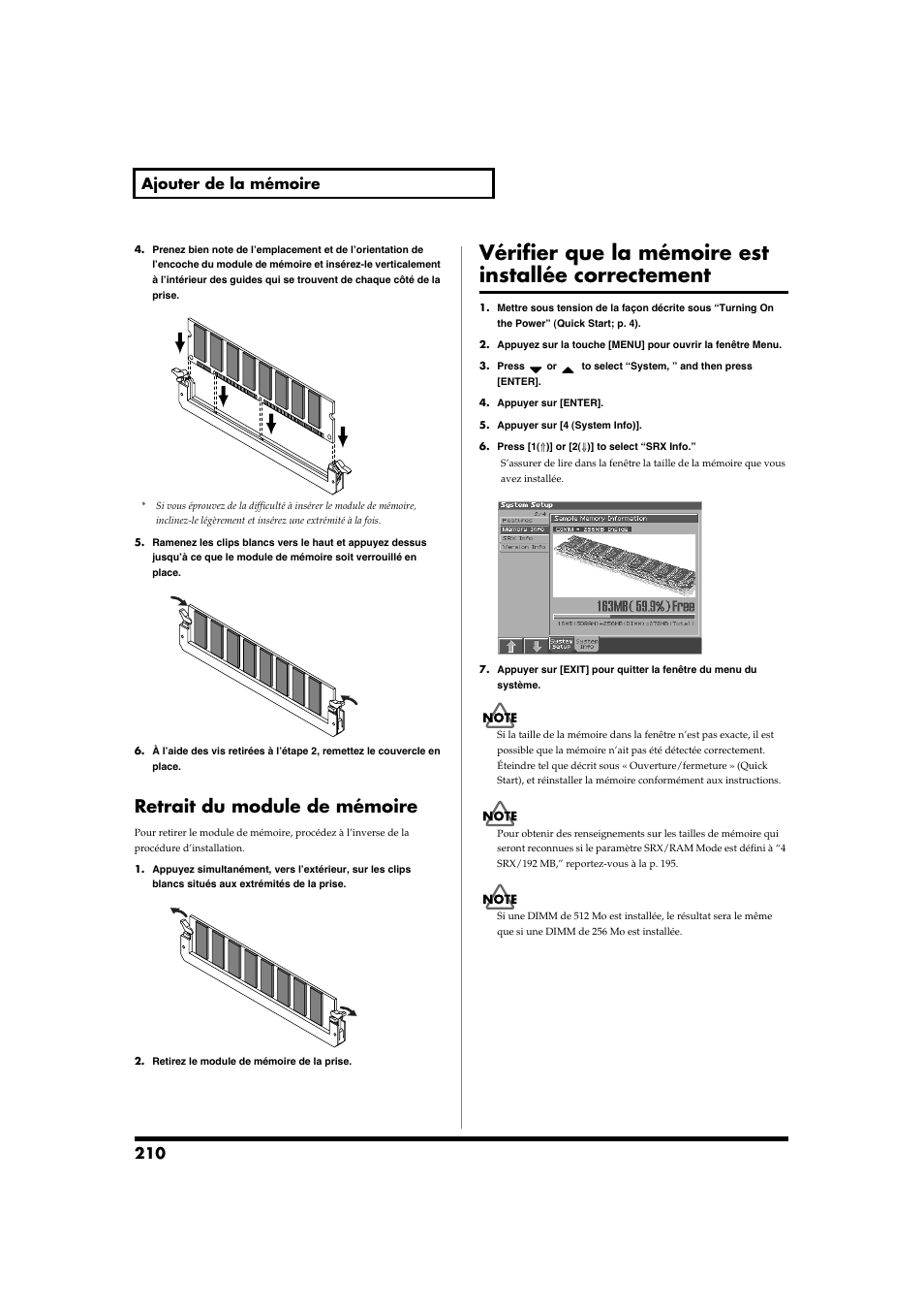 Vérifier que la mémoire est installée correctement, Retrait du module de mémoire, 210 ajouter de la mémoire | Roland Fantom-S88 User Manual | Page 210 / 228